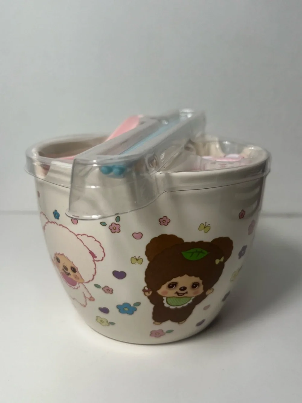 Monchhichi Ceramic Ramen Noodle Bowl 4PC Set W/ Chopsticks Soup Spoon & Holder